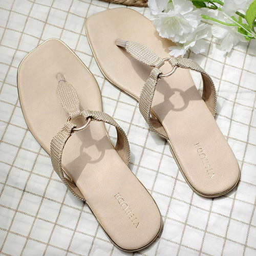 Vishudh - Beige Woven Design T-Strap Flats for Ladies