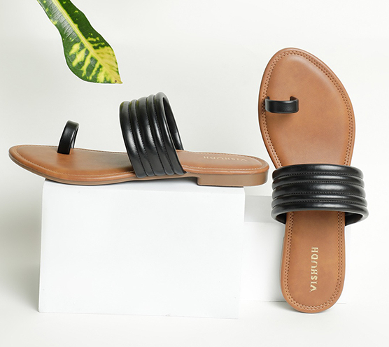 Vishudh - Brown & Black One-Toe Flats for Women